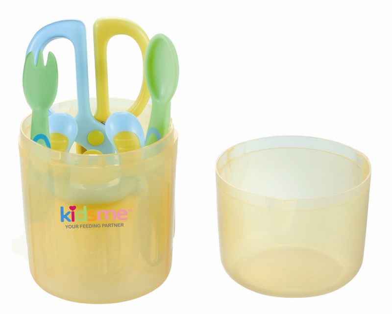 Kidsme reisesett m/ saks, skje, gaffel & food feeder gul.